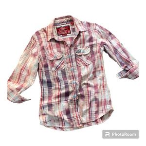 COPY - COPY - Superdry Co. plaid roll sleeve custom bleach dye women’s size lar…